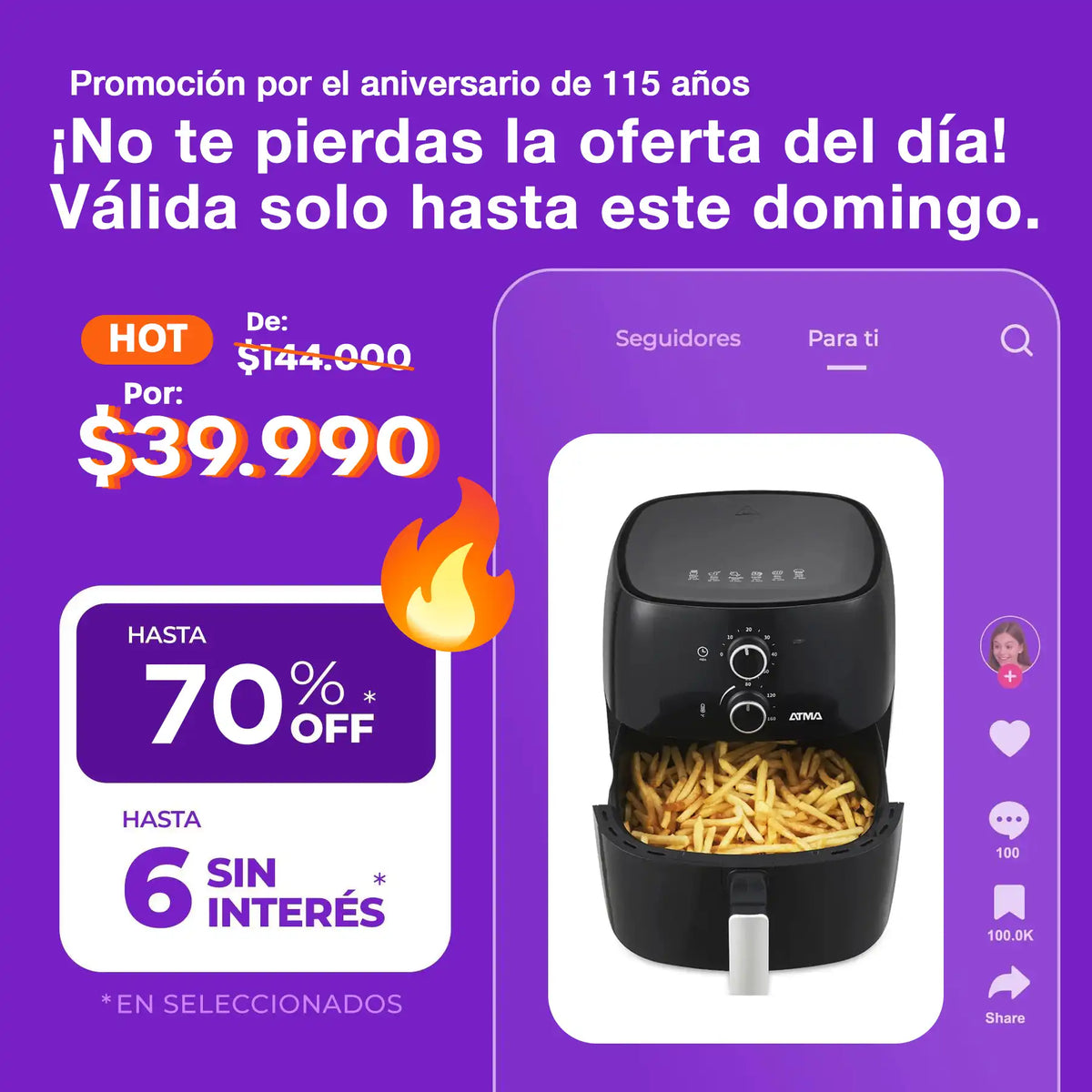 .Freidora De Aire Atma Fr60mabp 1300 W 6.5 L Con Temporizador-