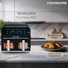 .Freidora de Aire Novohome Digital 8Lts Doble Canastos 4+4 1700W NH-AF DUAL 100W