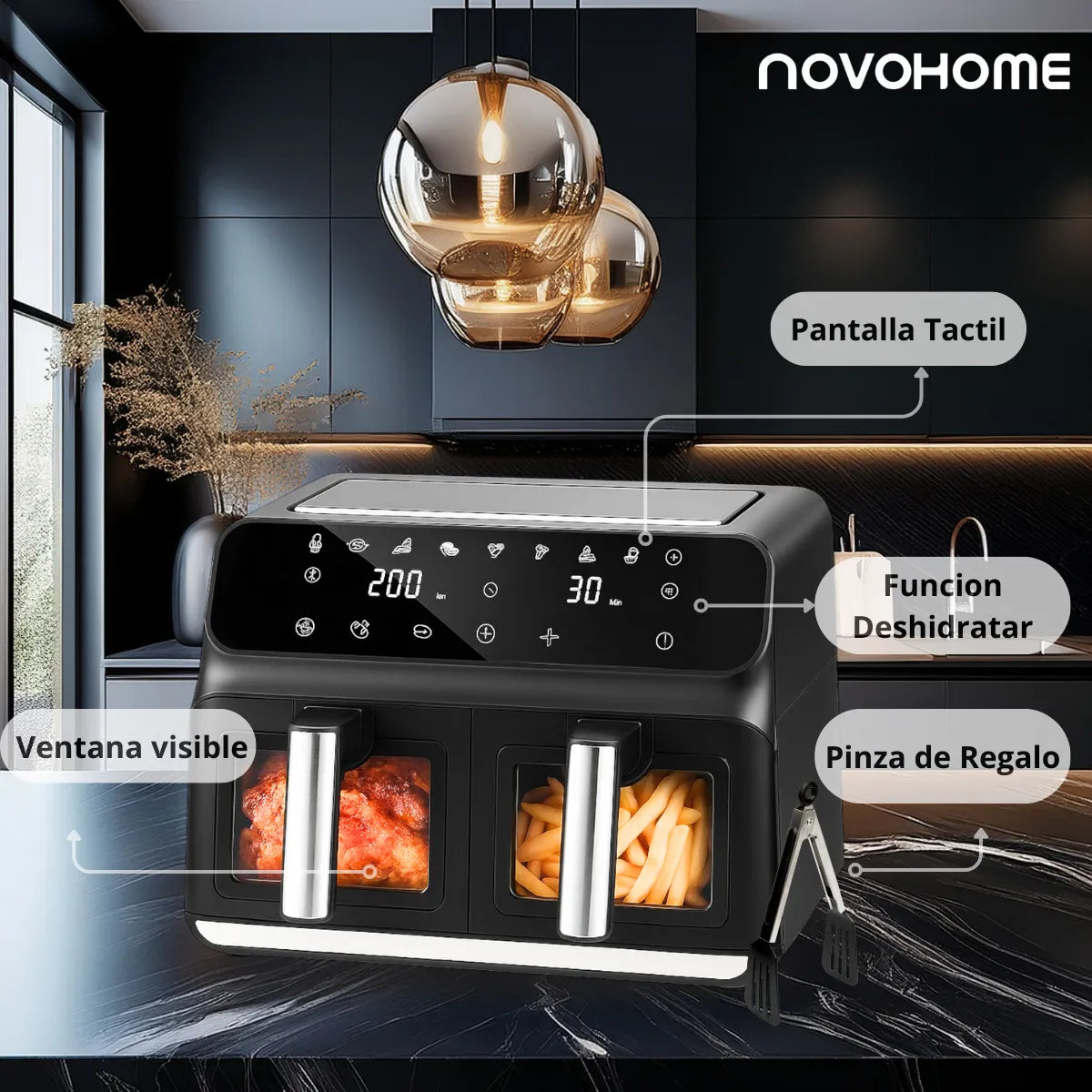 - Freidora de Aire Novohome Digital 8Lts Doble Canastos 4+4 1700W NH-AF DUAL 100W